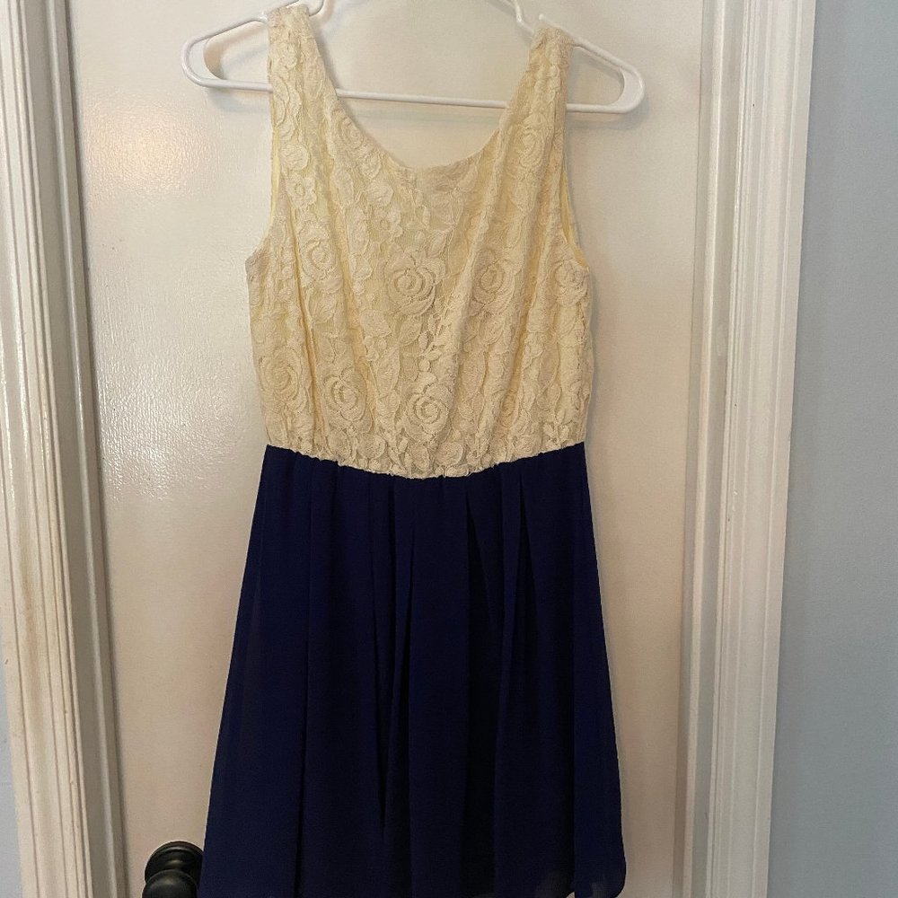 Ivory and Navy Blue Lace Mini Dress